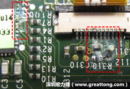 電路板疑似腐蝕氧化，懷疑電流異常過熱造成