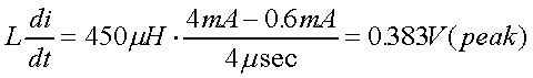 舉例來說，一個閘在"ON"而載有4mA的電流時(shí)，突然開關(guān)切到"OFF"且現(xiàn)在載有0.6mA的電流，假設(shè)開關(guān)時(shí)間為4msec，載有450mH的電感信號的導(dǎo)體，此時(shí)所產(chǎn)生的電壓突波為