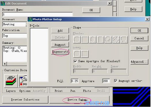 當(dāng)Gerber和鉆孔都設(shè)置完后，選擇一貼片元件較多的層（一般為Top層），點(diǎn)擊Device SetupPhoto，將 Plotter Setup窗口D-Code欄原有的D碼刪除并按Regenerate重新生成