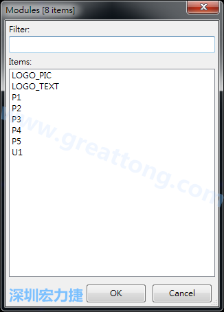 從目前正在編輯的PCB載入Module， 會(huì)顯示有那些項(xiàng)目可載入。點(diǎn)選一個(gè)， OK后即完成載入