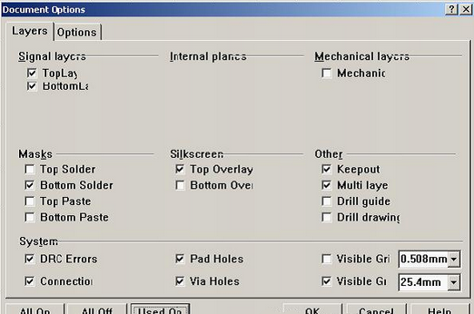 按“L”打開層設置窗口，打開各層圖形進行初步檢查，看文件有無設計上的問題或有無特殊的、在處理文件時需特別留意之處