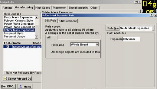 5. 而對于阻焊的調整則可以通過按D、R調出[Manufacturing]制作設計規則的[Solder-Mask Expansion Rule]設置項直接設定單邊放大值