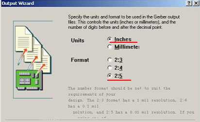 在上圖中選擇“Inches 2：5”，以確保資料精度，反之線寬、線距或孔有偏移現象