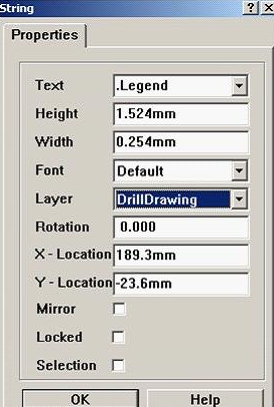 7. 放置分孔圖，按“P、S”在圖形的右下角放置一字符串，并雙擊打開，將Text改為。Legend；Layer改為DrillDrawing即可